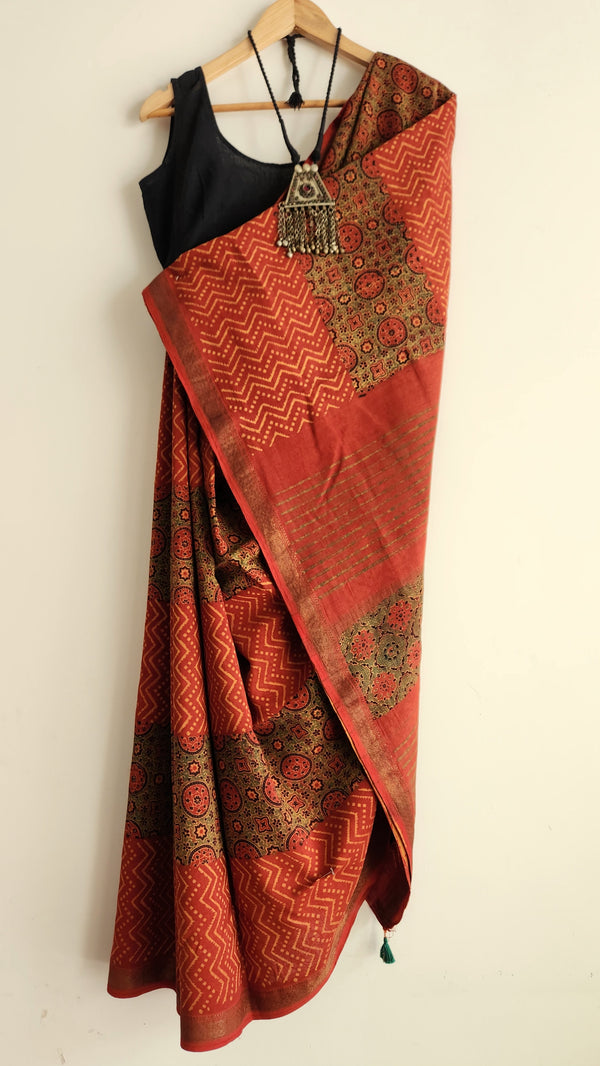 'SULTAN JAHAN: Red' Ajrakh on handwoven Maheshwari