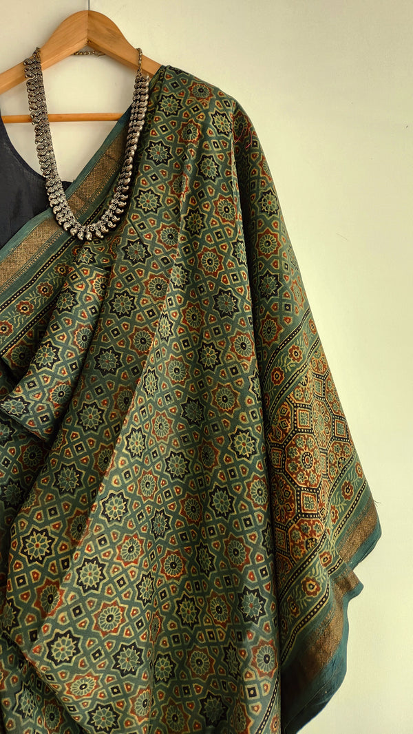 'SIKANDAR BEGUM: Green' Ajrakh on handwoven Maheshwari