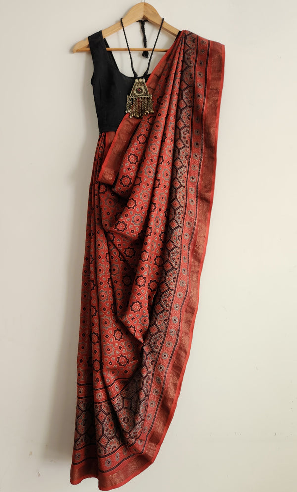 'SIKANDAR BEGUM: Red' Ajrakh on handwoven Maheshwari