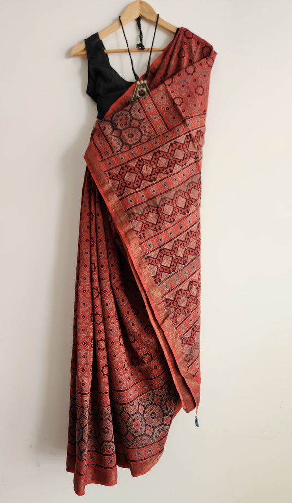 'SIKANDAR BEGUM: Red' Ajrakh on handwoven Maheshwari