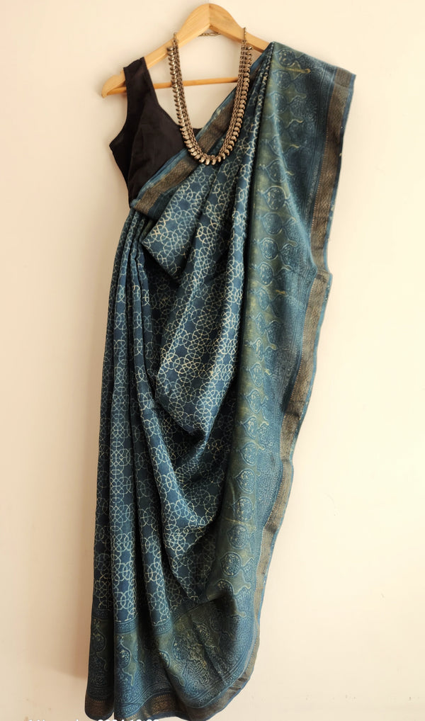 'KAMLAPATI: Indigo' Ajrakh on handwoven Maheshwari