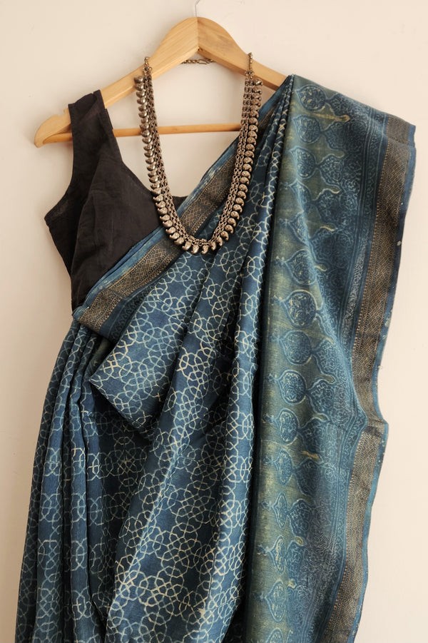 'KAMLAPATI: Indigo' Ajrakh on handwoven Maheshwari