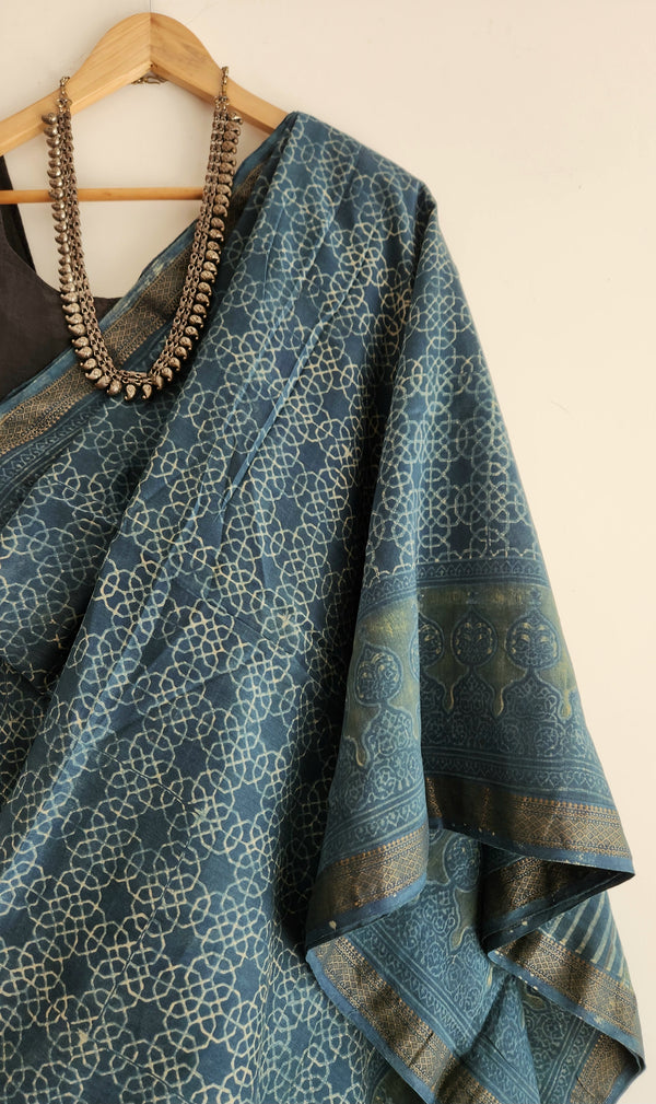 'KAMLAPATI: Indigo' Ajrakh on handwoven Maheshwari