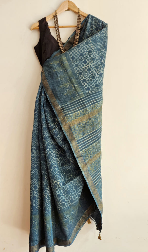 'KAMLAPATI: Indigo' Ajrakh on handwoven Maheshwari