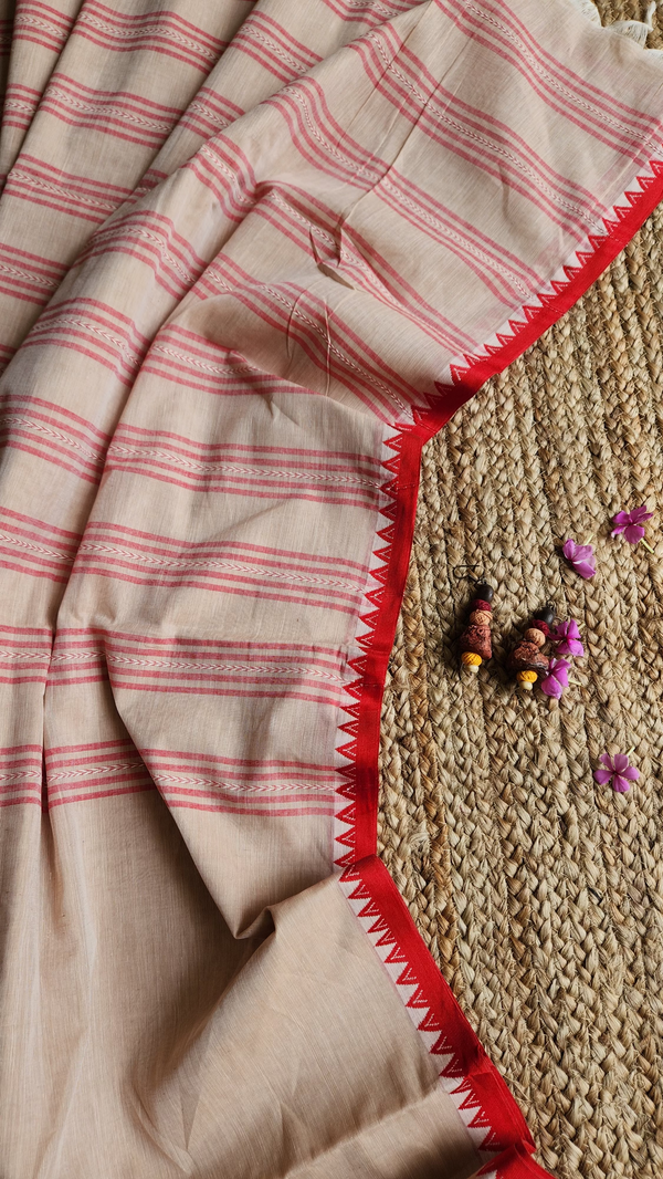 'RHEA: Beige - Red' Handwoven Begumpuri Cotton Saree