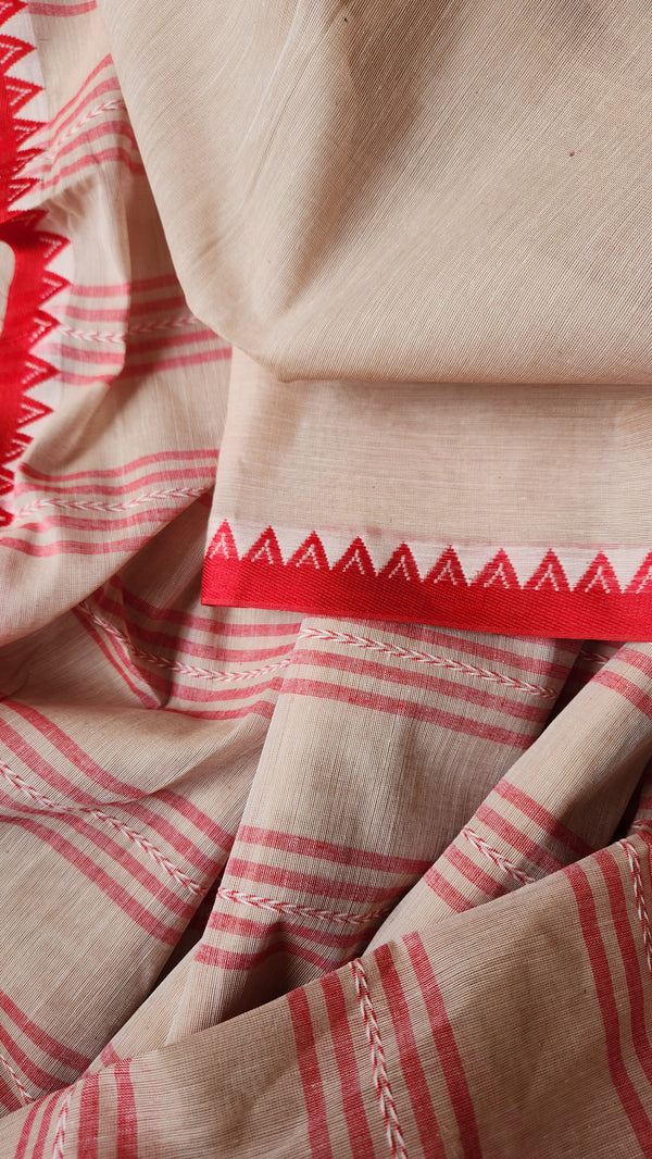 'RHEA: Beige - Red' Handwoven Begumpuri Cotton Saree