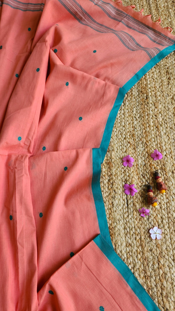 'KRITI Pink-Green' Handwoven Begumpuri Cotton Saree