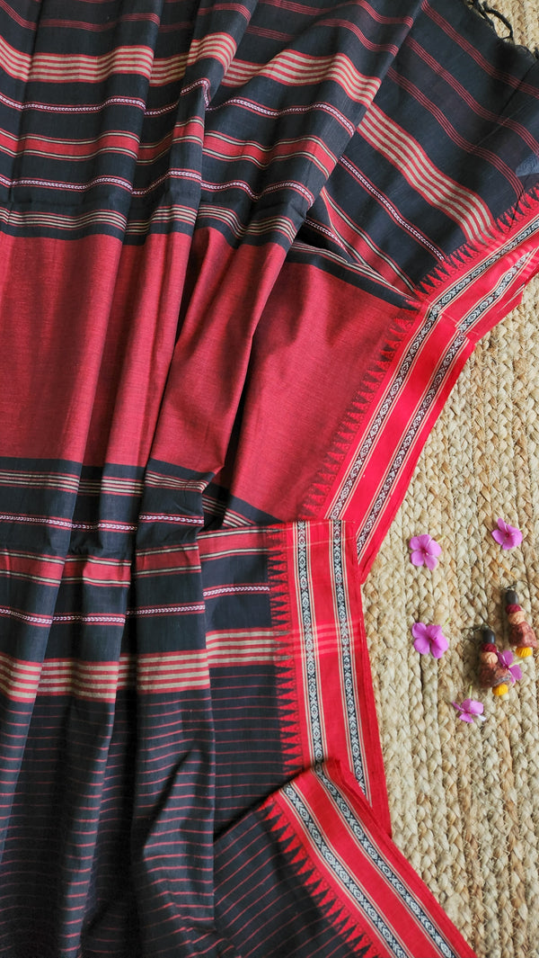 'JYOTSNA: Black-red' Handwoven Begumpuri Cotton Saree