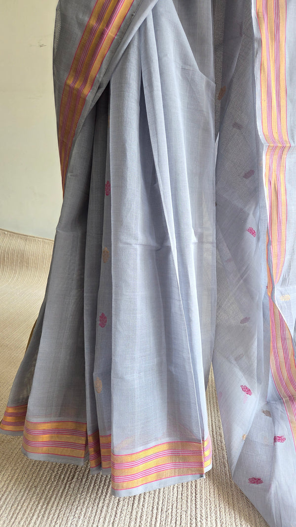 'KAUSHIKI: Grey' Handwoven Venkatagiri Cotton Saree