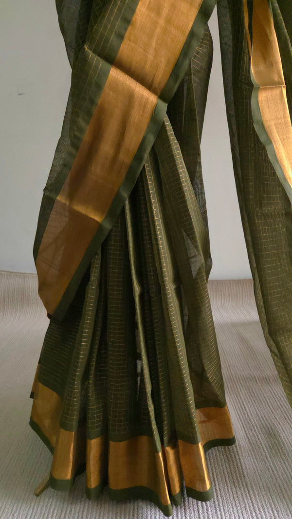'PRANHITA:Olive' Handwoven Venkatagiri Cotton Saree