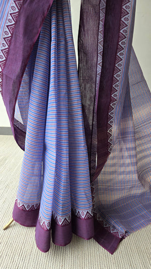 'SHIULI TOLA: Periwinkle' Handwoven Cotton Dhonekhali Saree