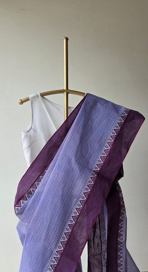 'SHIULI TOLA: Periwinkle' Handwoven Cotton Dhonekhali Saree