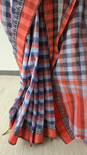 'KULER ACHAR: Peach' Handwoven Cotton Dhonekhali Saree