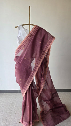 'GOLPER JHURI: Dusty Rose' Handwoven Cotton Dhonekhali Saree
