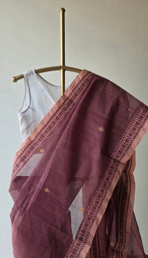'GOLPER JHURI: Dusty Rose' Handwoven Cotton Dhonekhali Saree