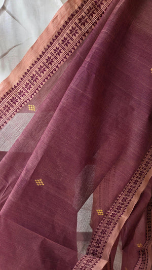 'GOLPER JHURI: Dusty Rose' Handwoven Cotton Dhonekhali Saree