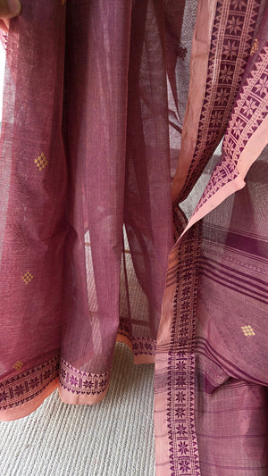 'GOLPER JHURI: Dusty Rose' Handwoven Cotton Dhonekhali Saree