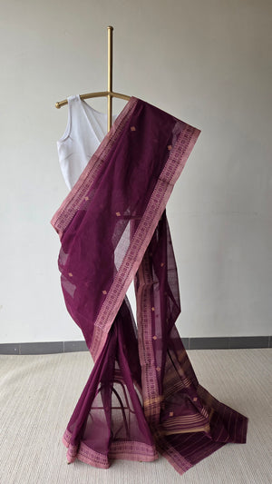 'GOLPER JHURI: Plum' Handwoven Cotton Dhonekhali Saree