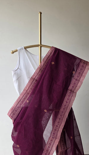 'GOLPER JHURI: Plum' Handwoven Cotton Dhonekhali Saree