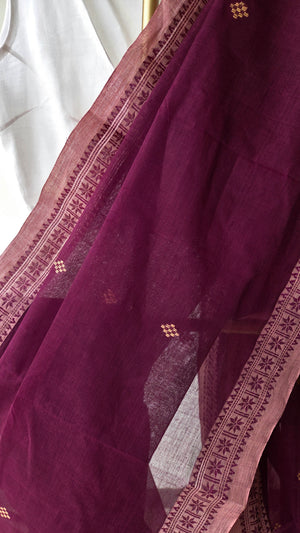 'GOLPER JHURI: Plum' Handwoven Cotton Dhonekhali Saree