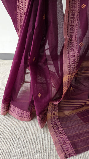 'GOLPER JHURI: Plum' Handwoven Cotton Dhonekhali Saree