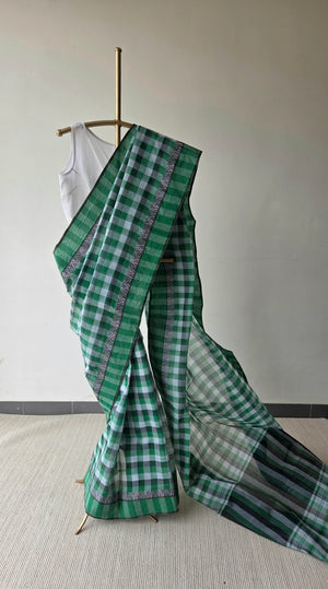 'KATHA-KOLI: Green' Handwoven Cotton Dhonekhali Saree