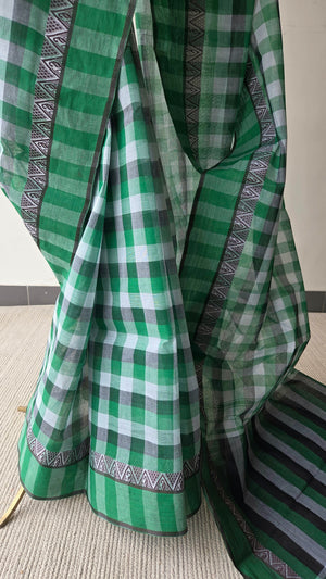 'KATHA-KOLI: Green' Handwoven Cotton Dhonekhali Saree