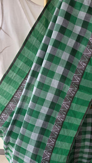 'KATHA-KOLI: Green' Handwoven Cotton Dhonekhali Saree