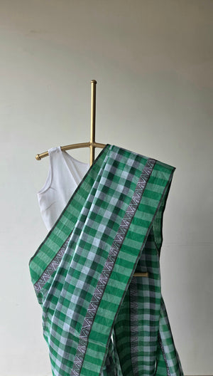 'KATHA-KOLI: Green' Handwoven Cotton Dhonekhali Saree