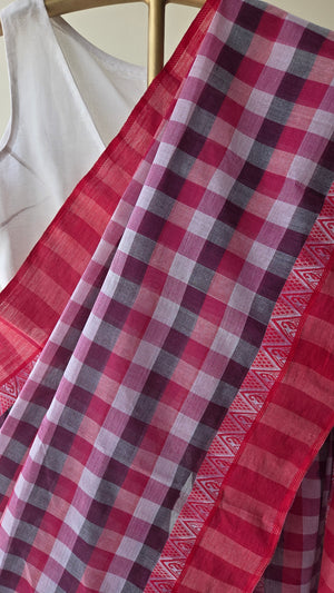'KATHA-KOLI: Magenta' Handwoven Cotton Dhonekhali Saree