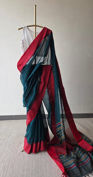 'MALINI: Teal' Handwoven Begumpuri Cotton Saree
