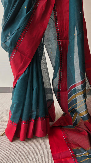 'MALINI: Teal' Handwoven Begumpuri Cotton Saree