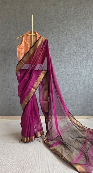'ASHA: BERRY' Handwoven Silk-Cotton Maheshwari Saree