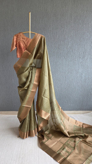 'SAMYUKTA: OLIVE' Handwoven Tussar Saree