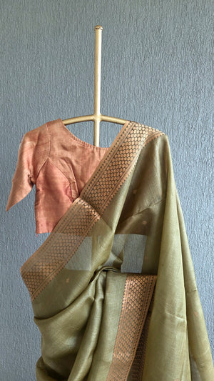 'SAMYUKTA: OLIVE' Handwoven Tussar Saree