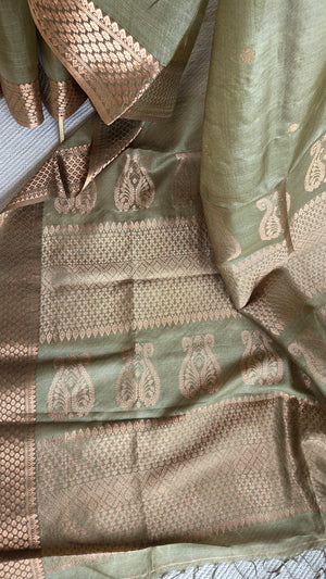 'SAMYUKTA: OLIVE' Handwoven Tussar Saree