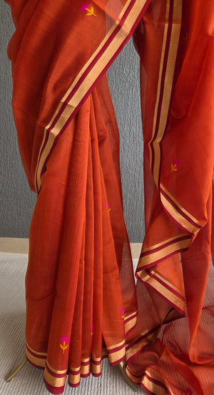 'SELENE: RUST' Handwoven Silk-Cotton Chanderi Saree