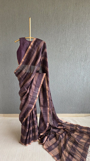 'OJASVI-DARK BROWN' Handwoven Matka Silk Saree