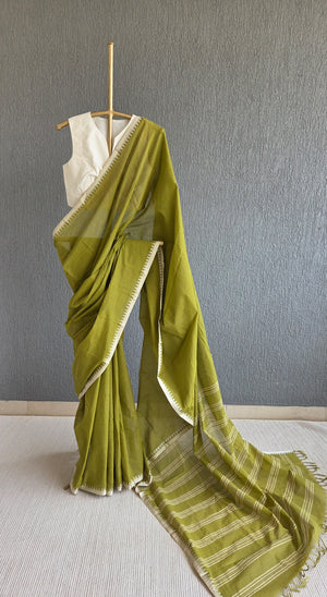 'RHEA: Olive-beige' Handwoven Begumpuri Cotton Saree
