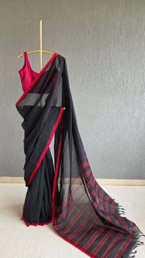 'RHEA: Black-red' Handwoven Begumpuri Cotton Saree