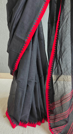 'RHEA: Black-red' Handwoven Begumpuri Cotton Saree