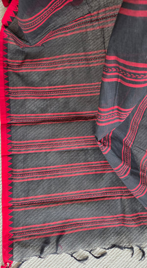 'RHEA: Black-red' Handwoven Begumpuri Cotton Saree