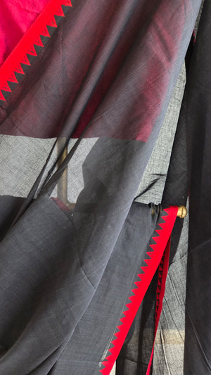 'RHEA: Black-red' Handwoven Begumpuri Cotton Saree