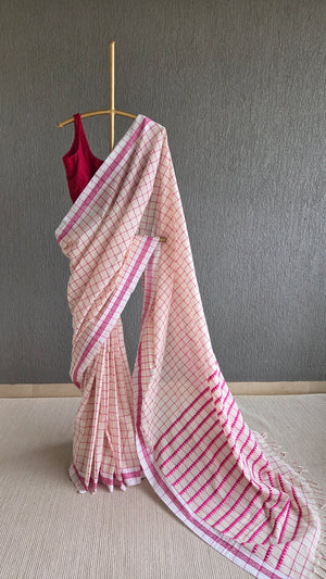 'DORA: White-Rani Pink' Handwoven Begumpuri Saree