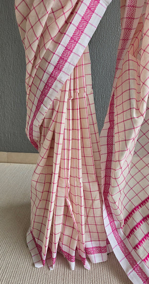 'DORA: White-Rani Pink' Handwoven Begumpuri Saree