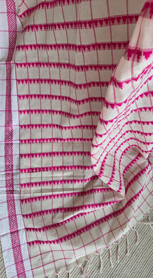 'DORA: White-Rani Pink' Handwoven Begumpuri Saree