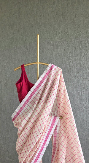 'DORA: White-Rani Pink' Handwoven Begumpuri Saree
