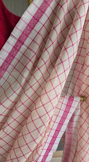 'DORA: White-Rani Pink' Handwoven Begumpuri Saree