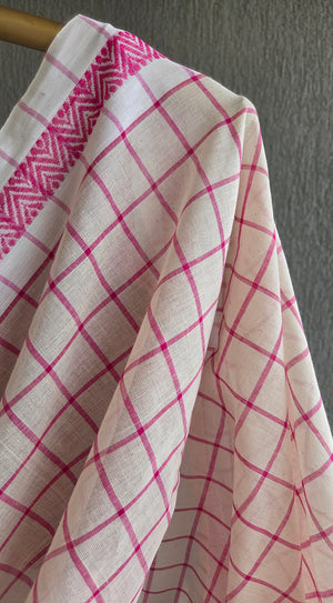 'DORA: White-Rani Pink' Handwoven Begumpuri Saree