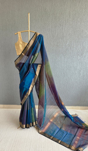 'SUNDARI: PEACOCK' Handwoven Silk-Cotton Maheshwari Saree